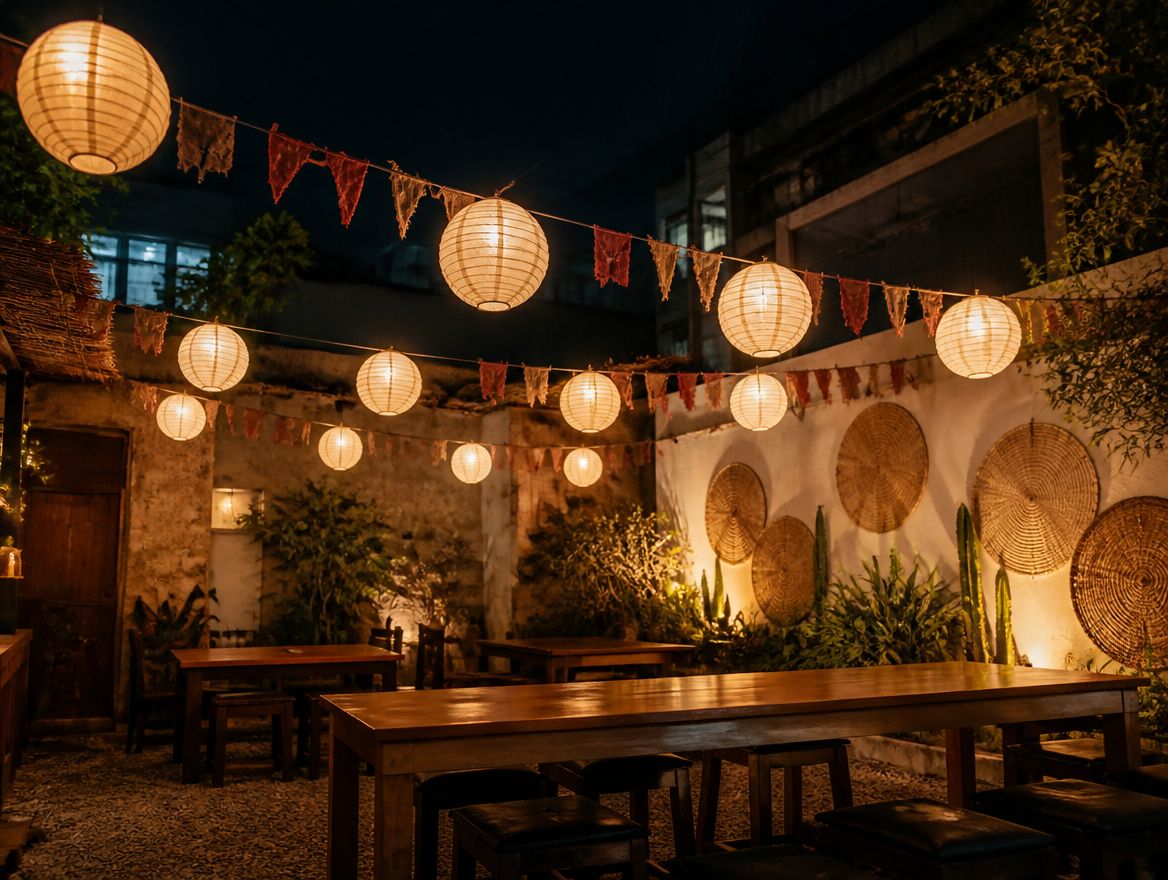 Patio con faroles de papel por la noche